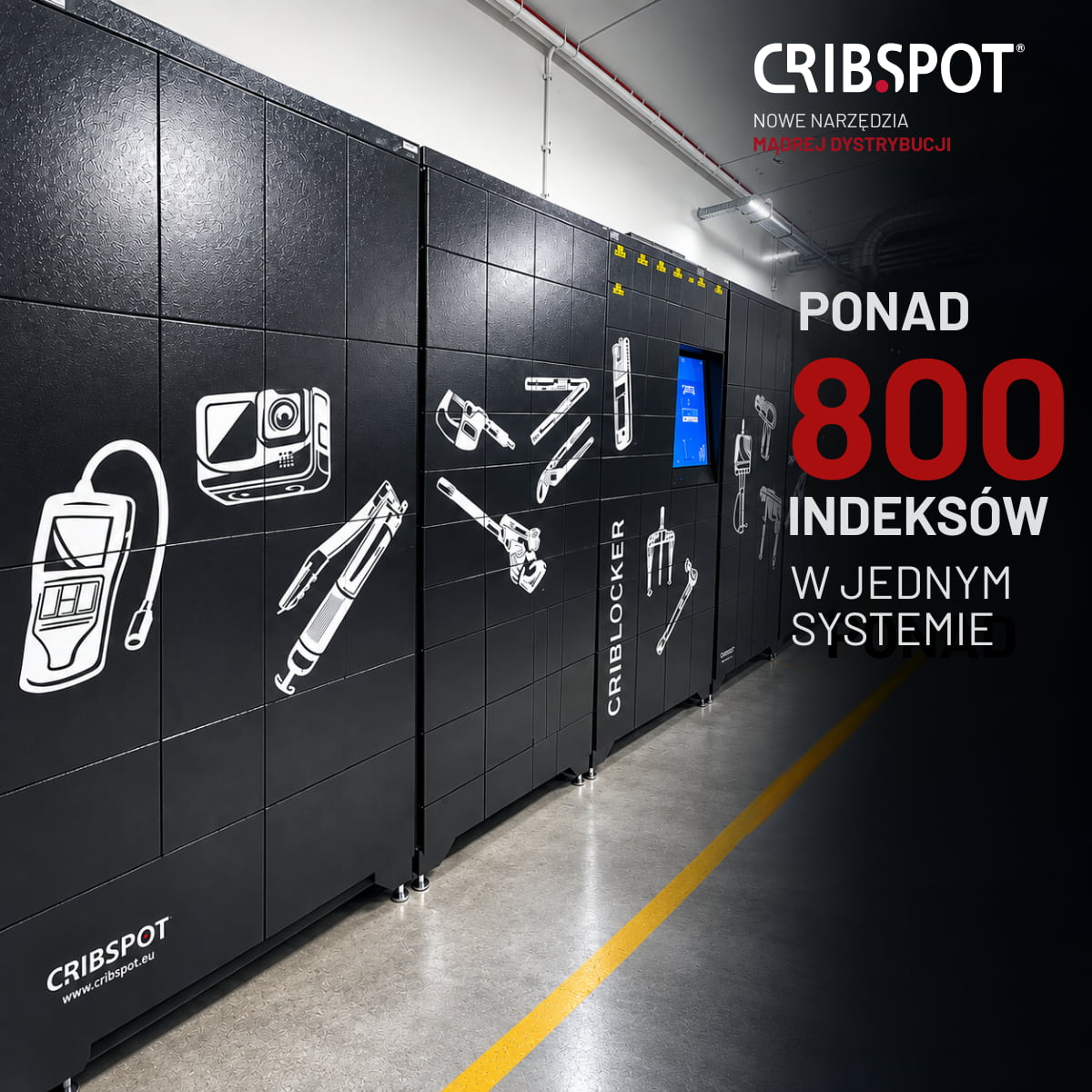 Automaty vendingowe Cribspot CribLocker w hali zakładu z ponad 800 indeksami - elektronarzędzia, detektory, klucze i wiertła w jednym systemie